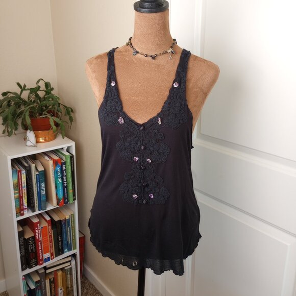 Rare Free People Intimately lace black cami with floral embellishment whimsigoth - Picture 1 of 6